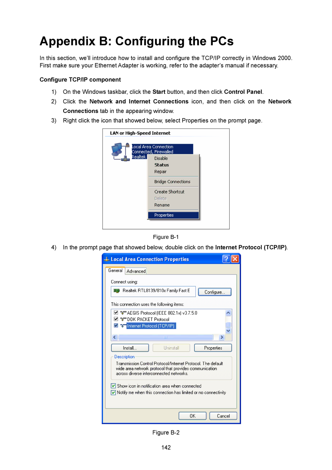 TP-Link TL-SG2008 manual Appendix B Configuring the PCs, Configure TCP/IP component 