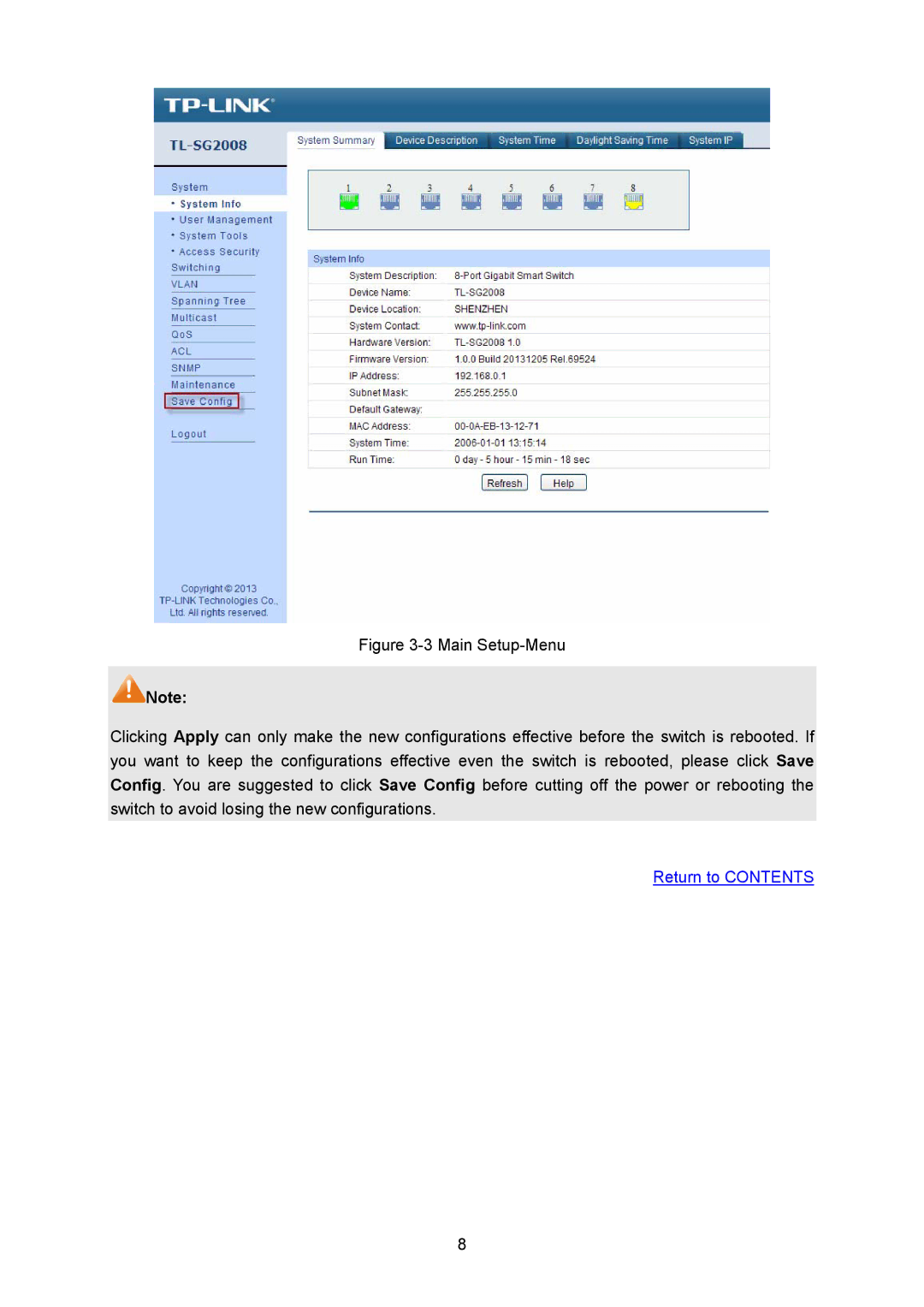 TP-Link TL-SG2008 manual Return to Contents 