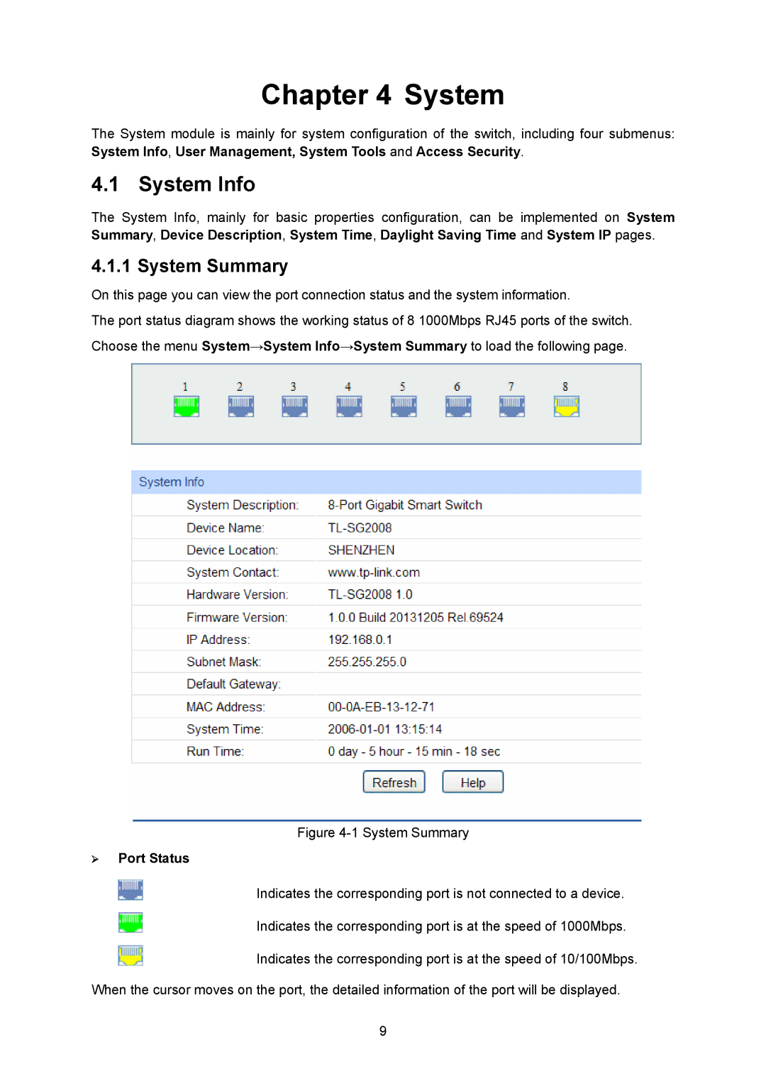 TP-Link TL-SG2008 manual System Info, System Summary, ¾ Port Status 