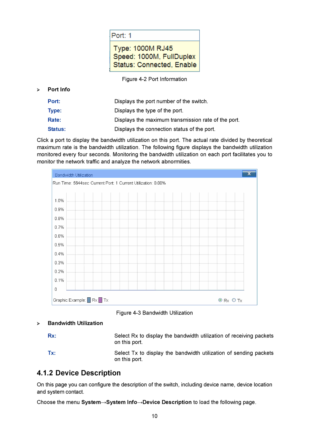 TP-Link TL-SG2008 manual Device Description, ¾ Port Info, Status Displays the connection status of the port 