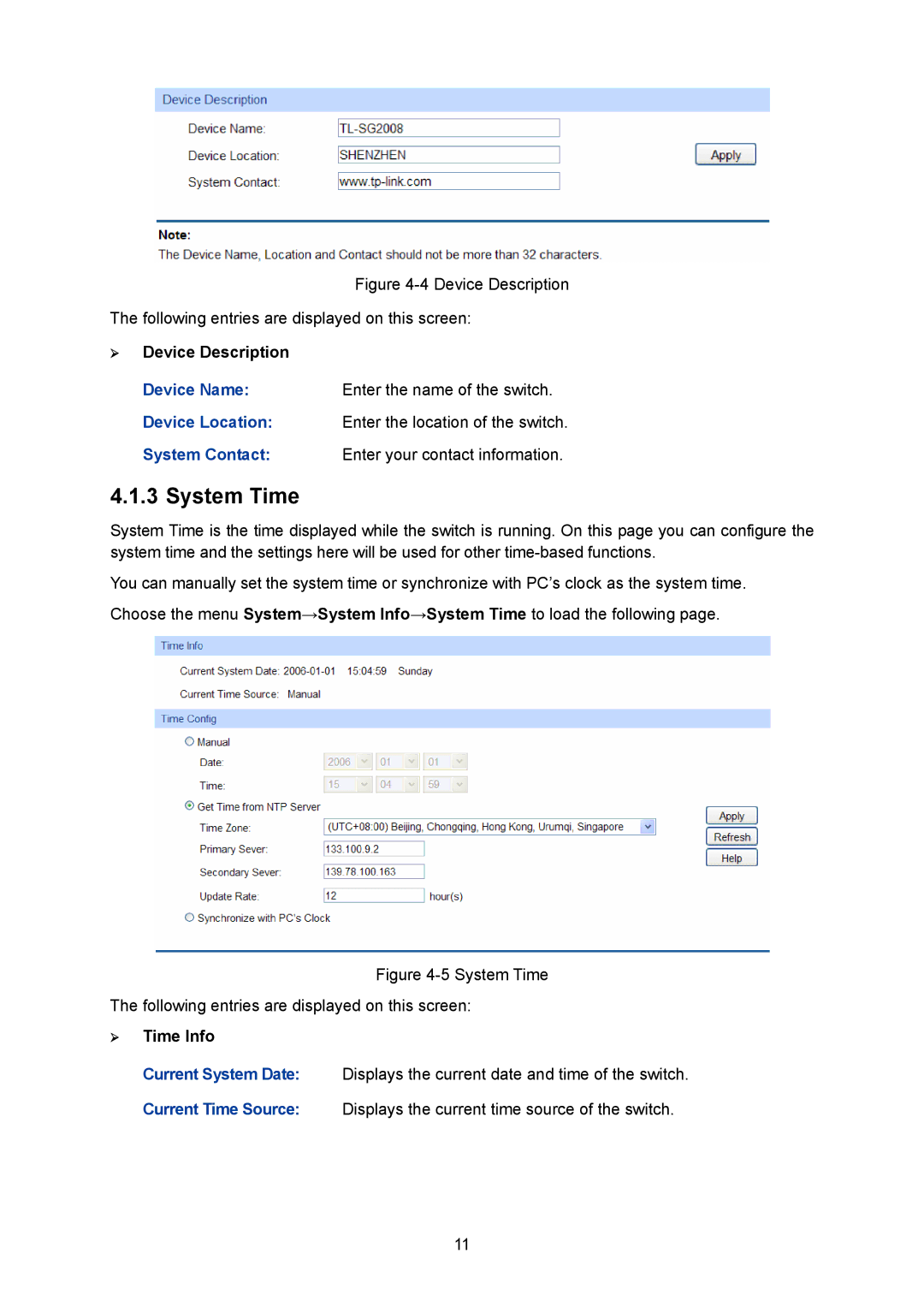 TP-Link TL-SG2008 manual System Time, ¾ Device Description, ¾ Time Info 