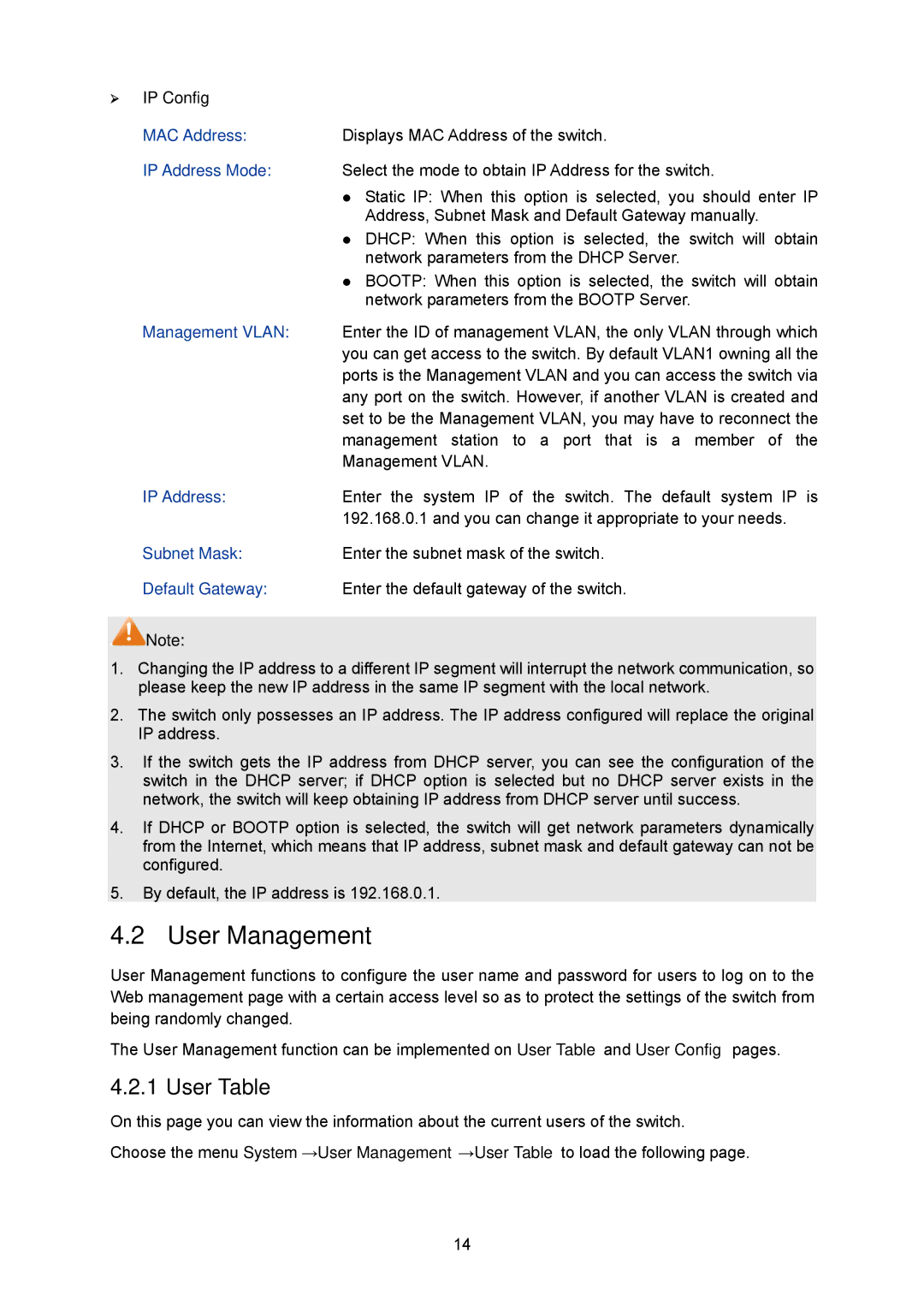 TP-Link TL-SG2008 manual User Management, User Table, ¾ IP Config 