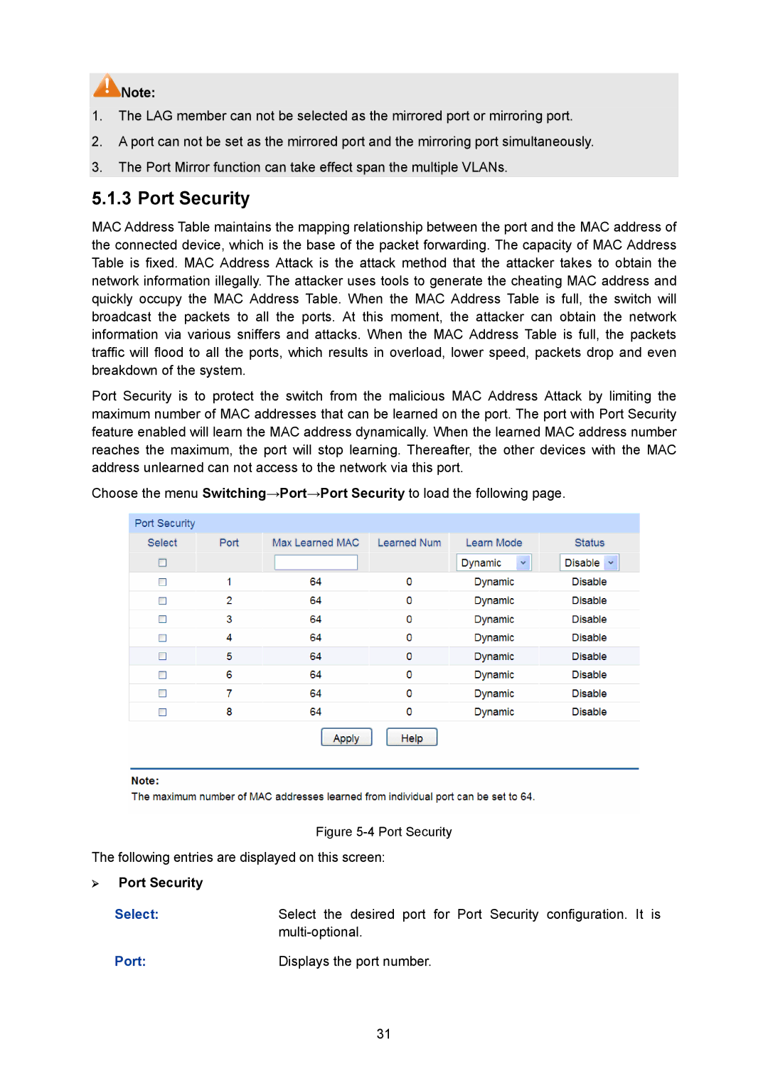 TP-Link TL-SG2008 manual ¾ Port Security 