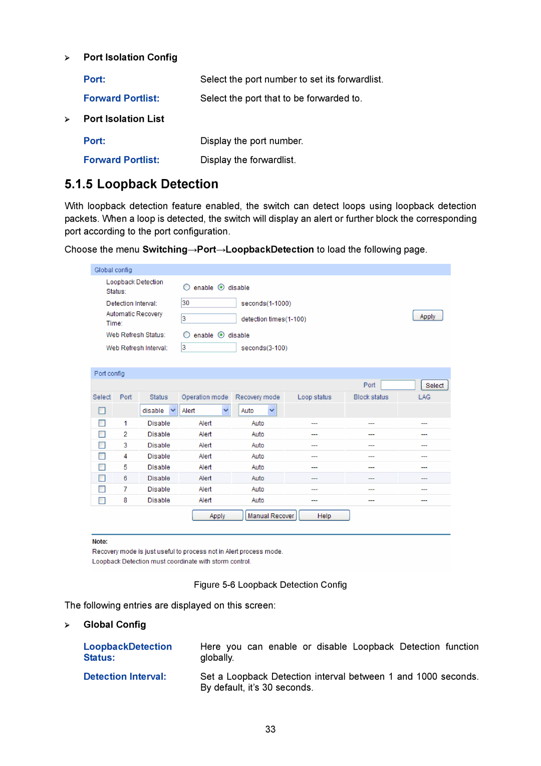 TP-Link TL-SG2008 manual Loopback Detection, ¾ Port Isolation Config, ¾ Port Isolation List 