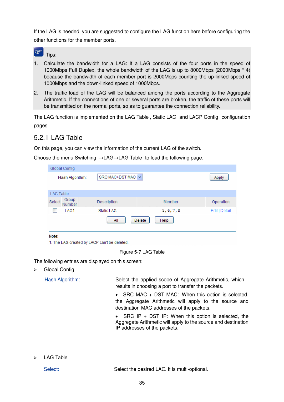 TP-Link TL-SG2008 manual ¾ LAG Table 