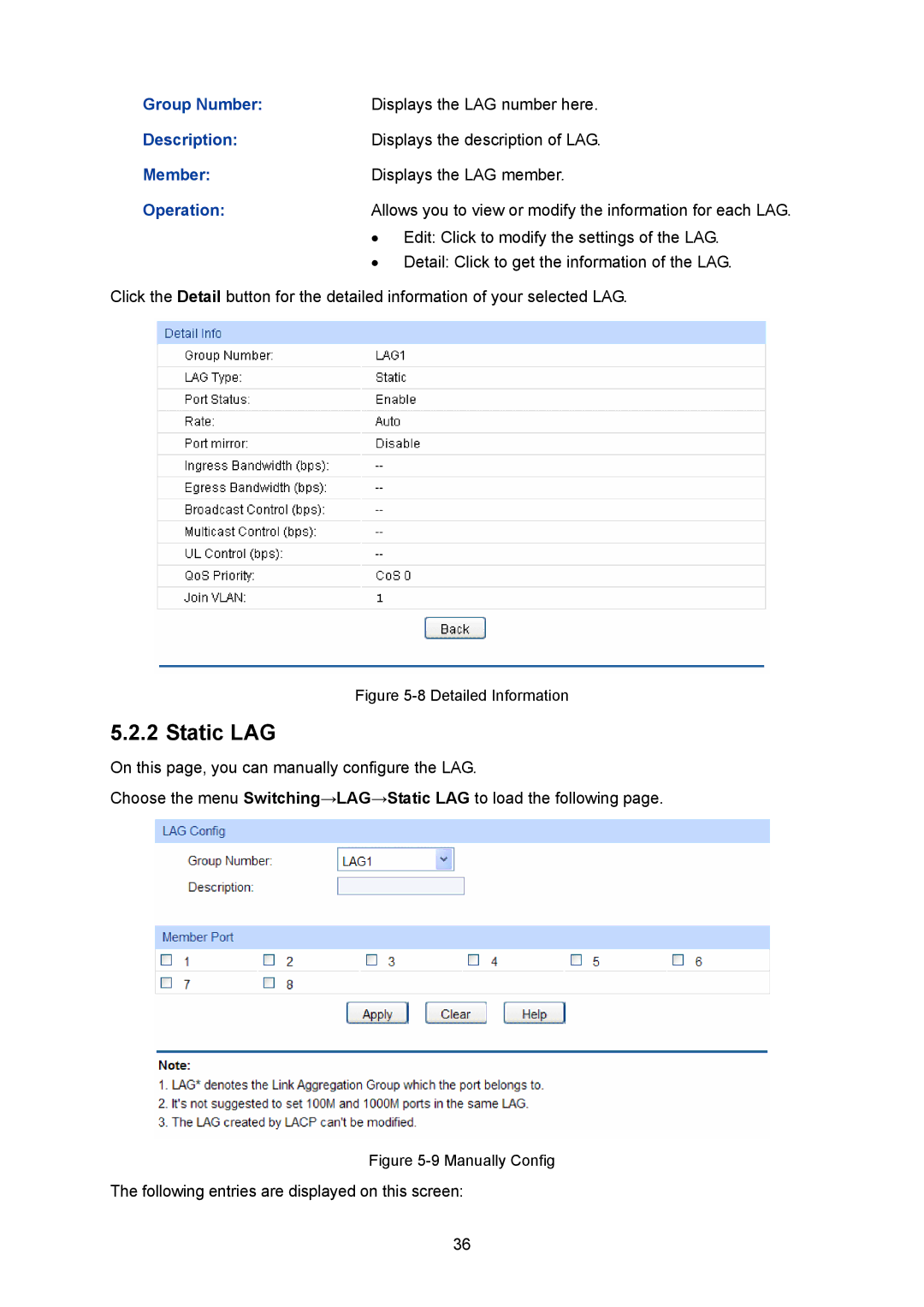 TP-Link TL-SG2008 manual Static LAG, Group Number, Member 