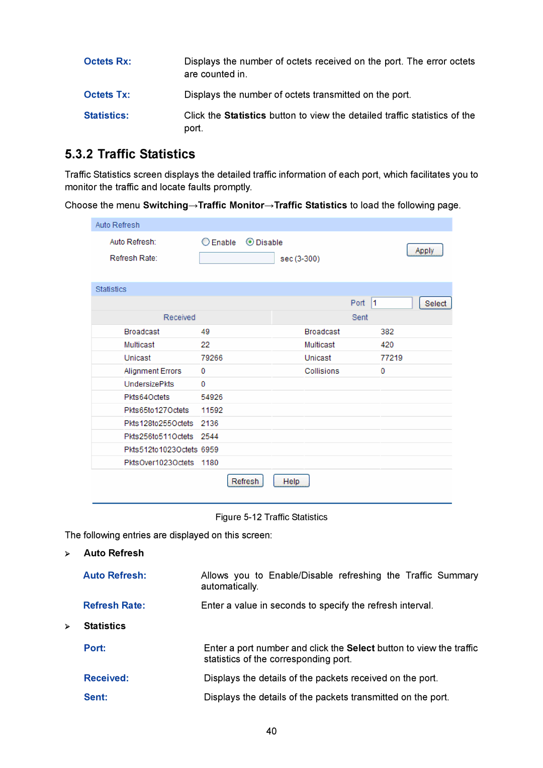 TP-Link TL-SG2008 manual Traffic Statistics, Refresh Rate, ¾ Statistics, Received, Sent 