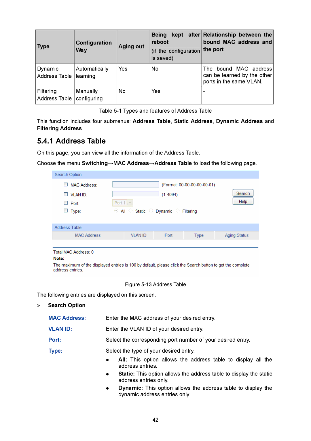 TP-Link TL-SG2008 manual Address Table, ¾ Search Option 