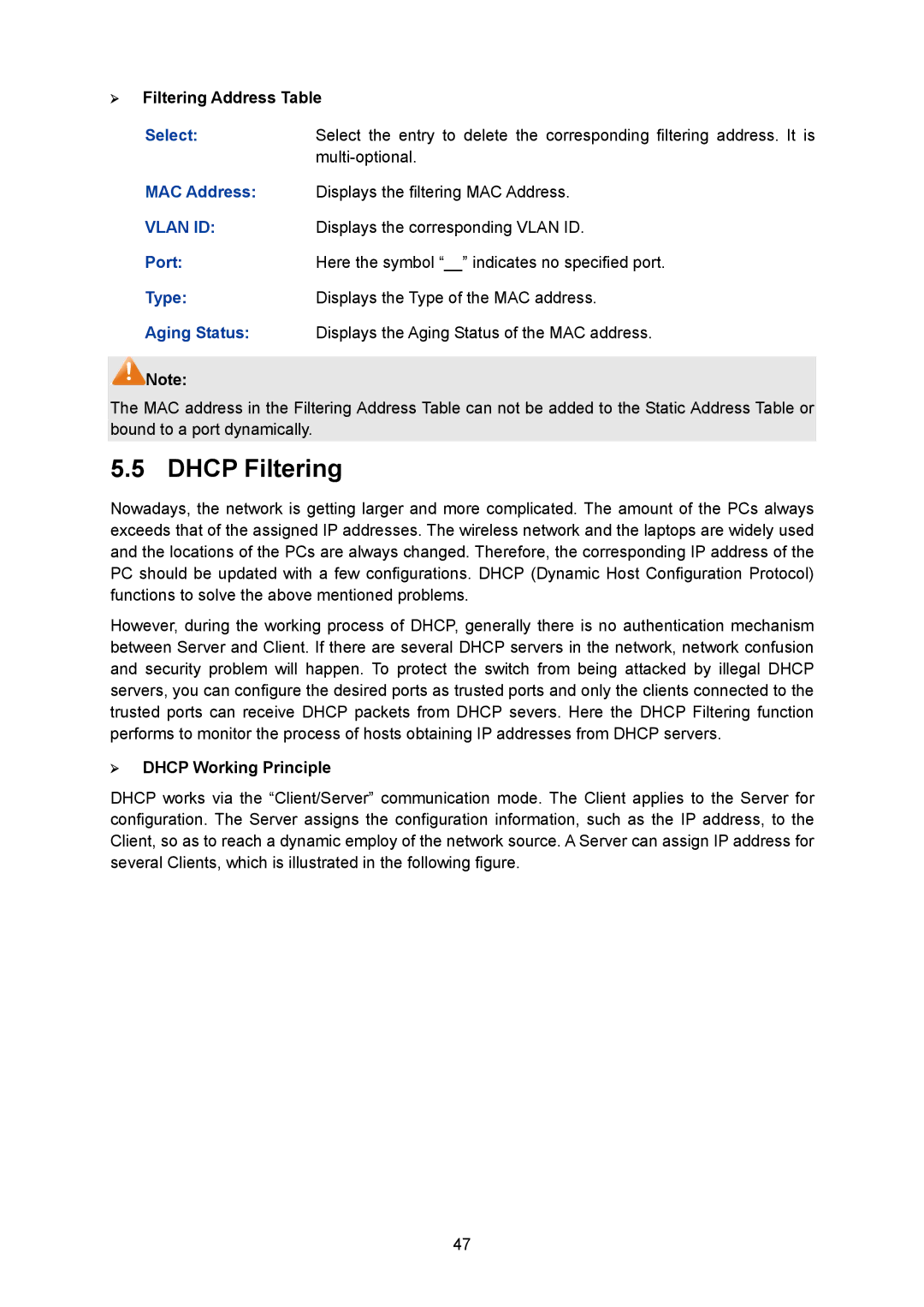 TP-Link TL-SG2008 manual Dhcp Filtering, ¾ Filtering Address Table, ¾ Dhcp Working Principle 