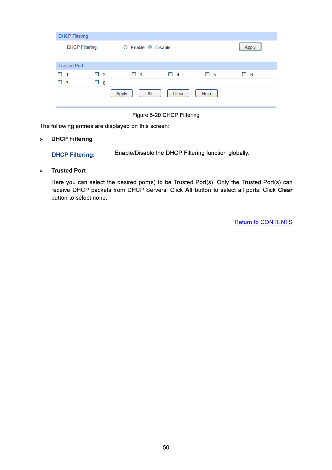 TP-Link TL-SG2008 manual ¾ Dhcp Filtering, ¾ Trusted Port 