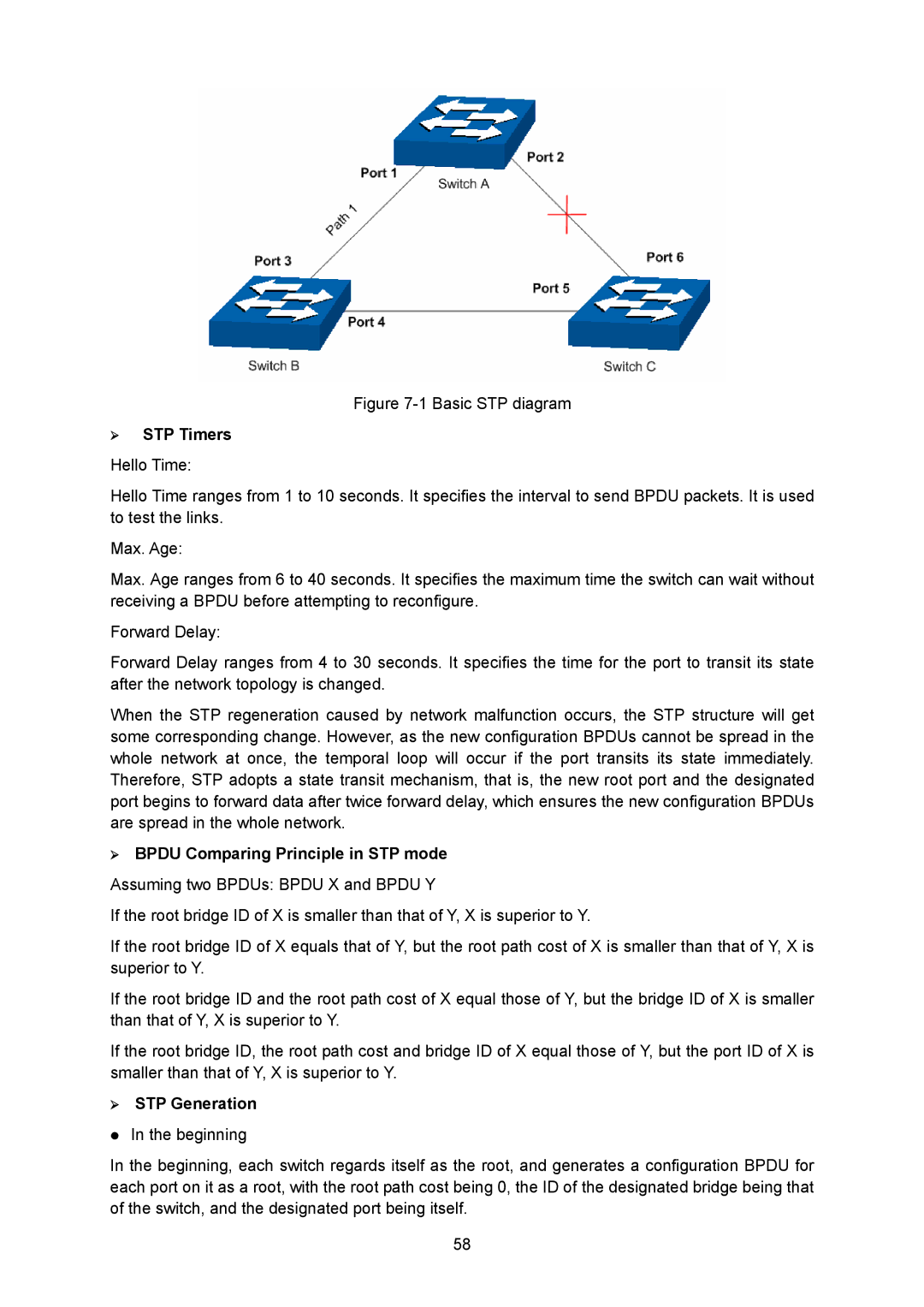 TP-Link TL-SG2008 manual ¾ STP Timers, ¾ Bpdu Comparing Principle in STP mode, ¾ STP Generation 