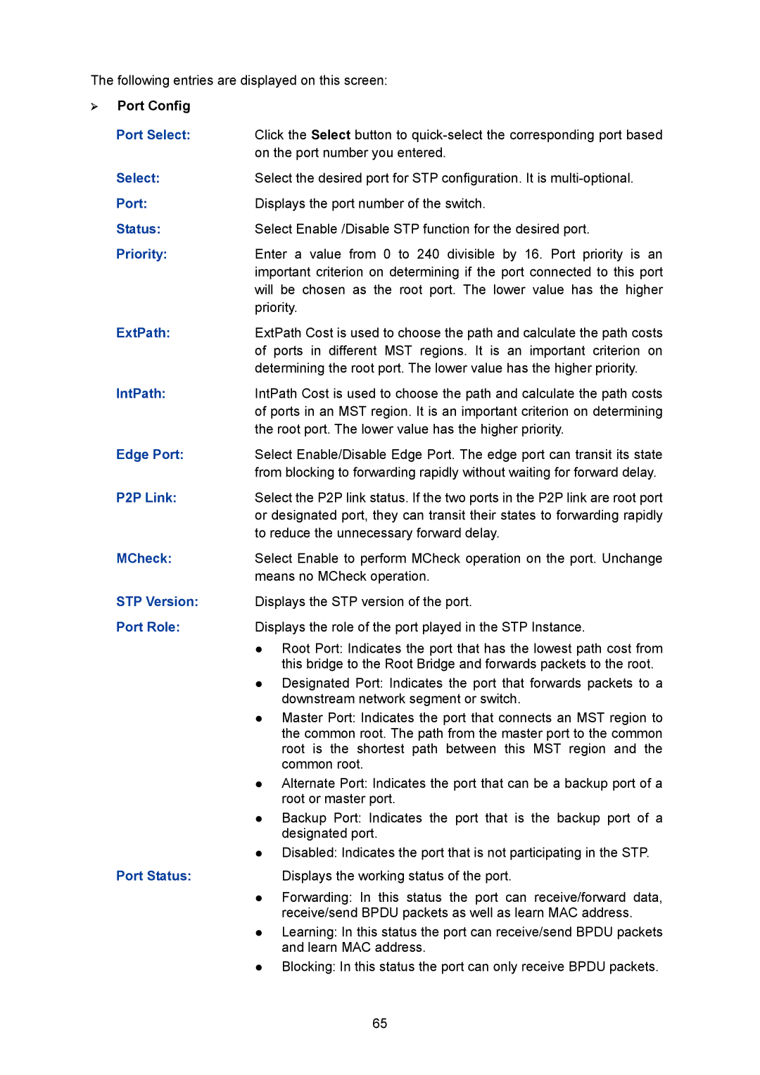 TP-Link TL-SG2008 manual Priority, ExtPath, IntPath, Edge Port, P2P Link, MCheck, STP Version, Port Role, Port Status 