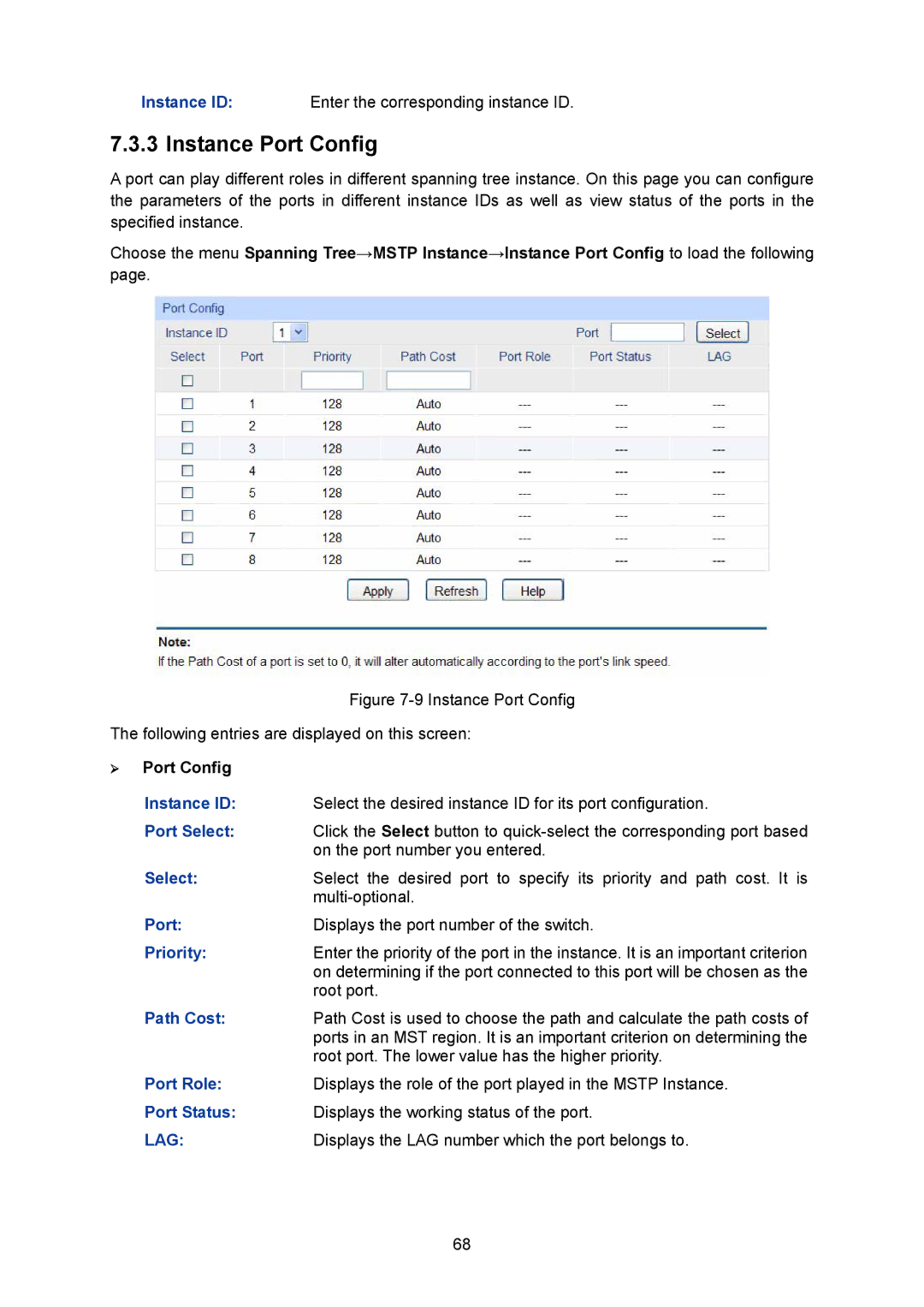 TP-Link TL-SG2008 manual Instance Port Config, Instance ID, Path Cost 