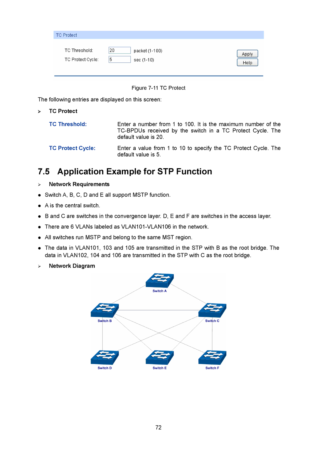 TP-Link TL-SG2008 manual Application Example for STP Function, TC Protect 