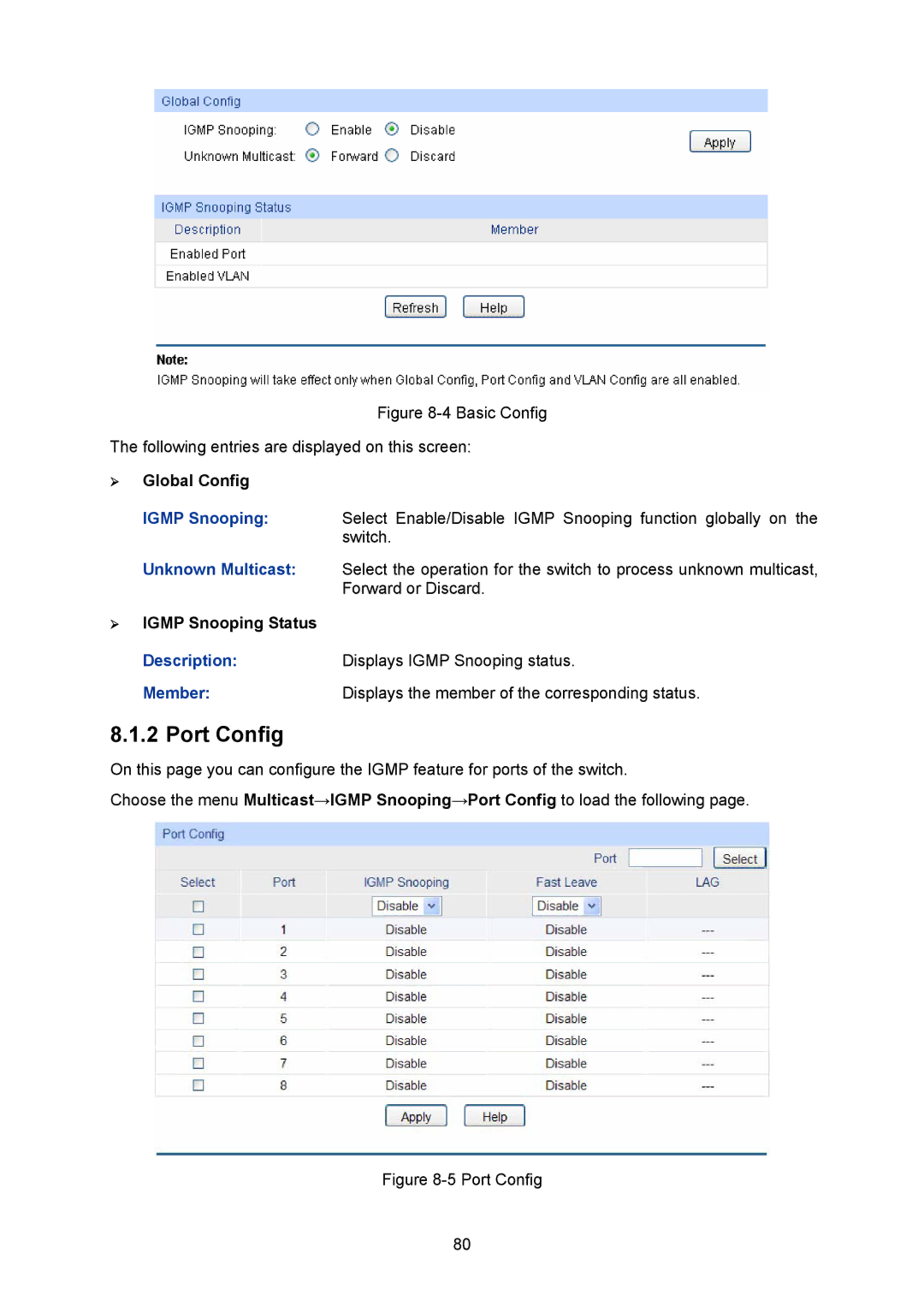 TP-Link TL-SG2008 manual ¾ Igmp Snooping Status, Description Displays Igmp Snooping status Member 