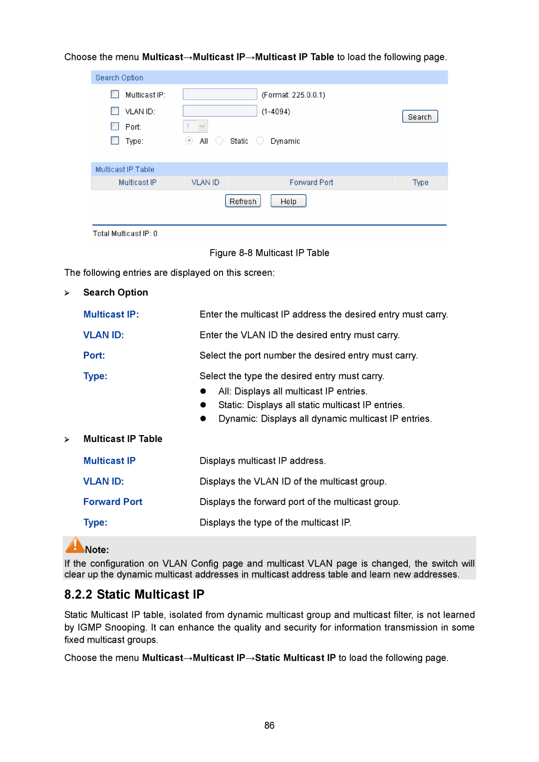 TP-Link TL-SG2008 manual Static Multicast IP 