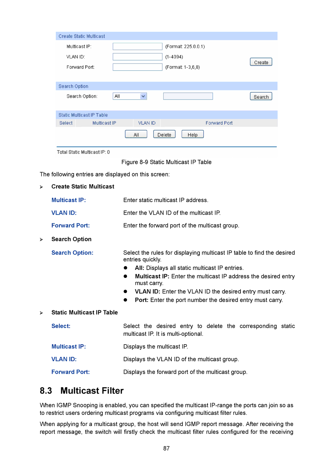 TP-Link TL-SG2008 manual Multicast Filter, ¾ Create Static Multicast, ¾ Static Multicast IP Table 