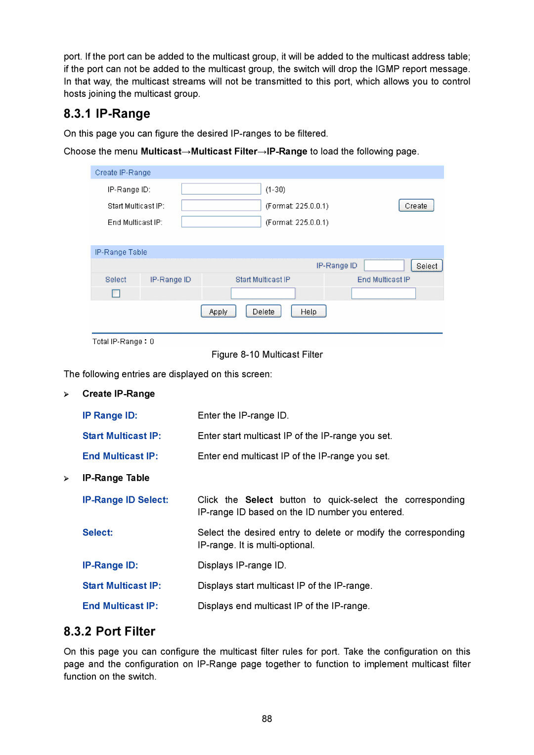 TP-Link TL-SG2008 manual IP-Range, Port Filter 