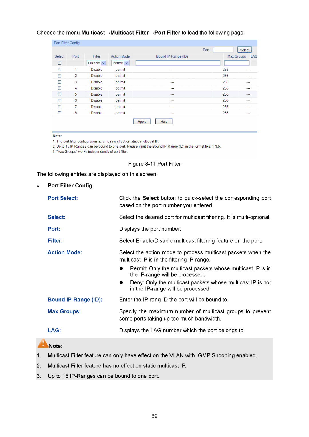 TP-Link TL-SG2008 manual ¾ Port Filter Config, Action Mode, Bound IP-Range ID, Max Groups 