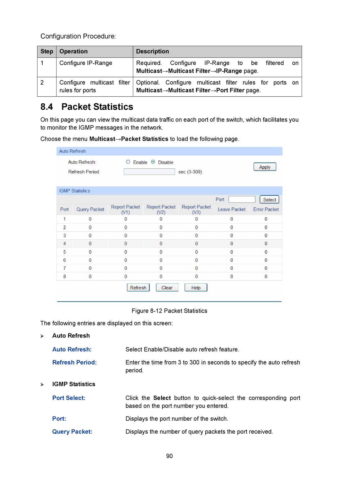 TP-Link TL-SG2008 manual Packet Statistics, Multicast→Multicast Filter→IP-Range, Multicast→Multicast Filter→Port Filter 