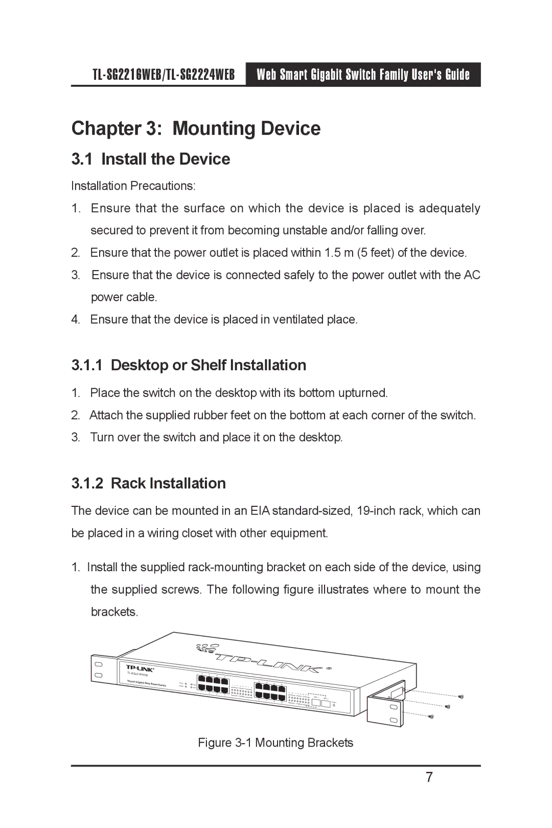 TP-Link TL-SG2216WEB, TL-SG2224WEB Mounting Device, Install the Device, Desktop or Shelf Installation, Rack Installation 