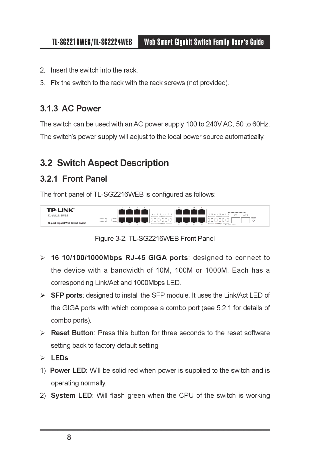 TP-Link TL-SG2224WEB, TL-SG2216WEB manual Switch Aspect Description, AC Power, Front Panel 