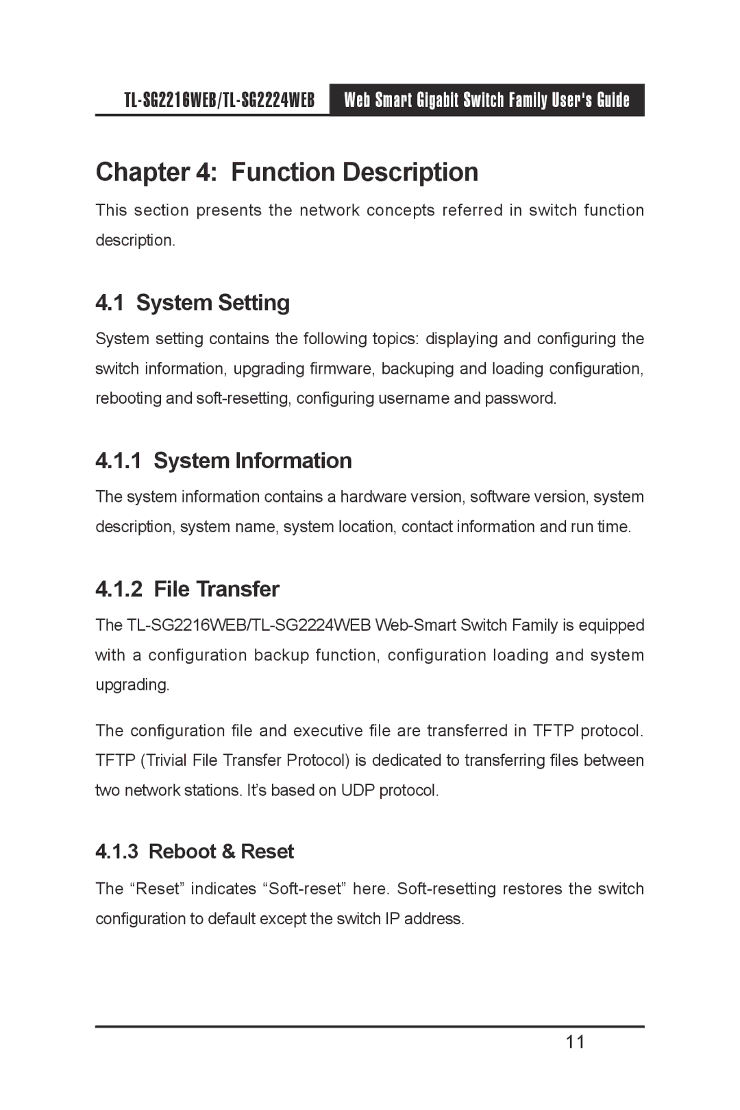 TP-Link TL-SG2216WEB, TL-SG2224WEB Function Description, System Setting, System Information, File Transfer, Reboot & Reset 