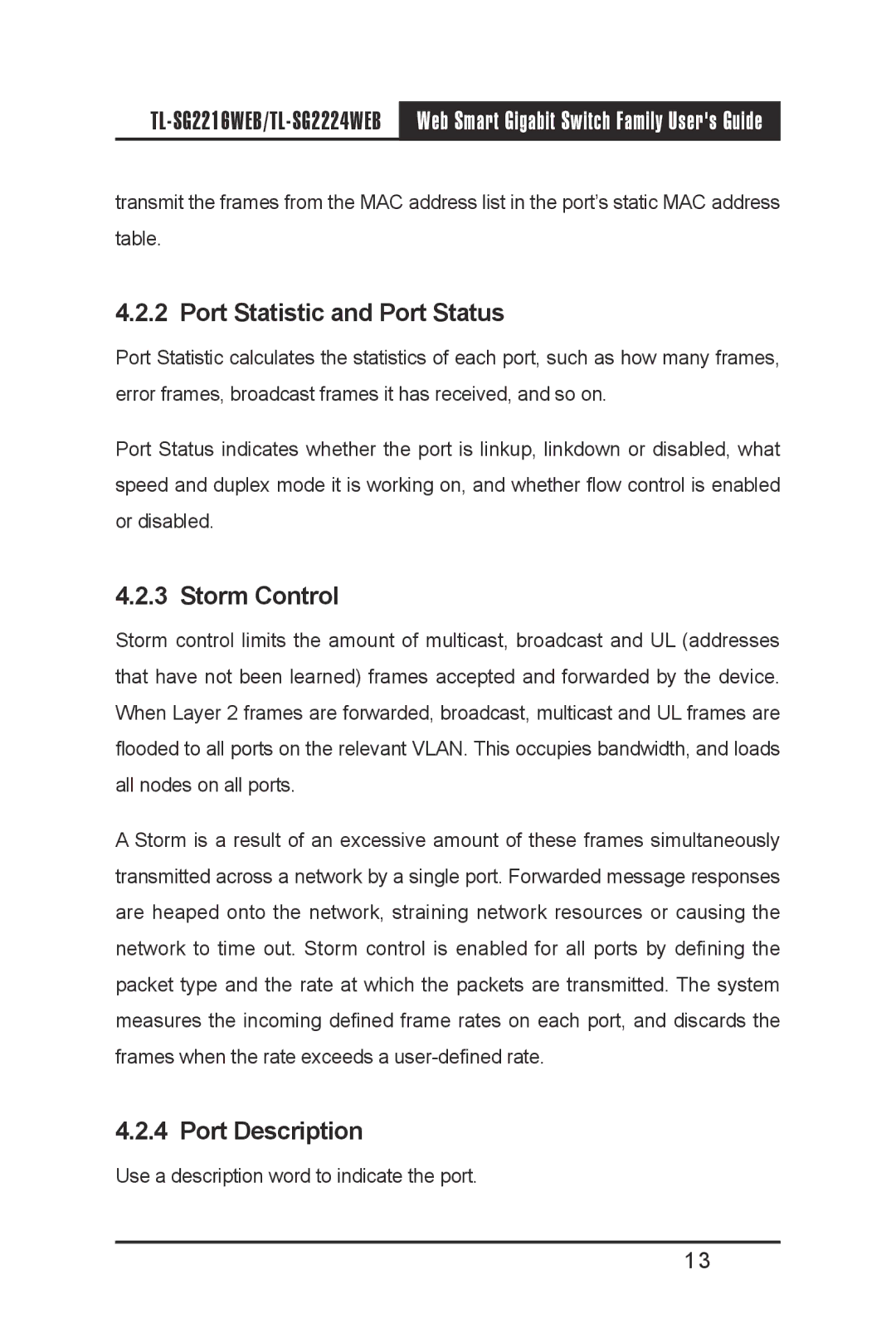 TP-Link TL-SG2216WEB, TL-SG2224WEB manual Port Statistic and Port Status, Storm Control, Port Description 