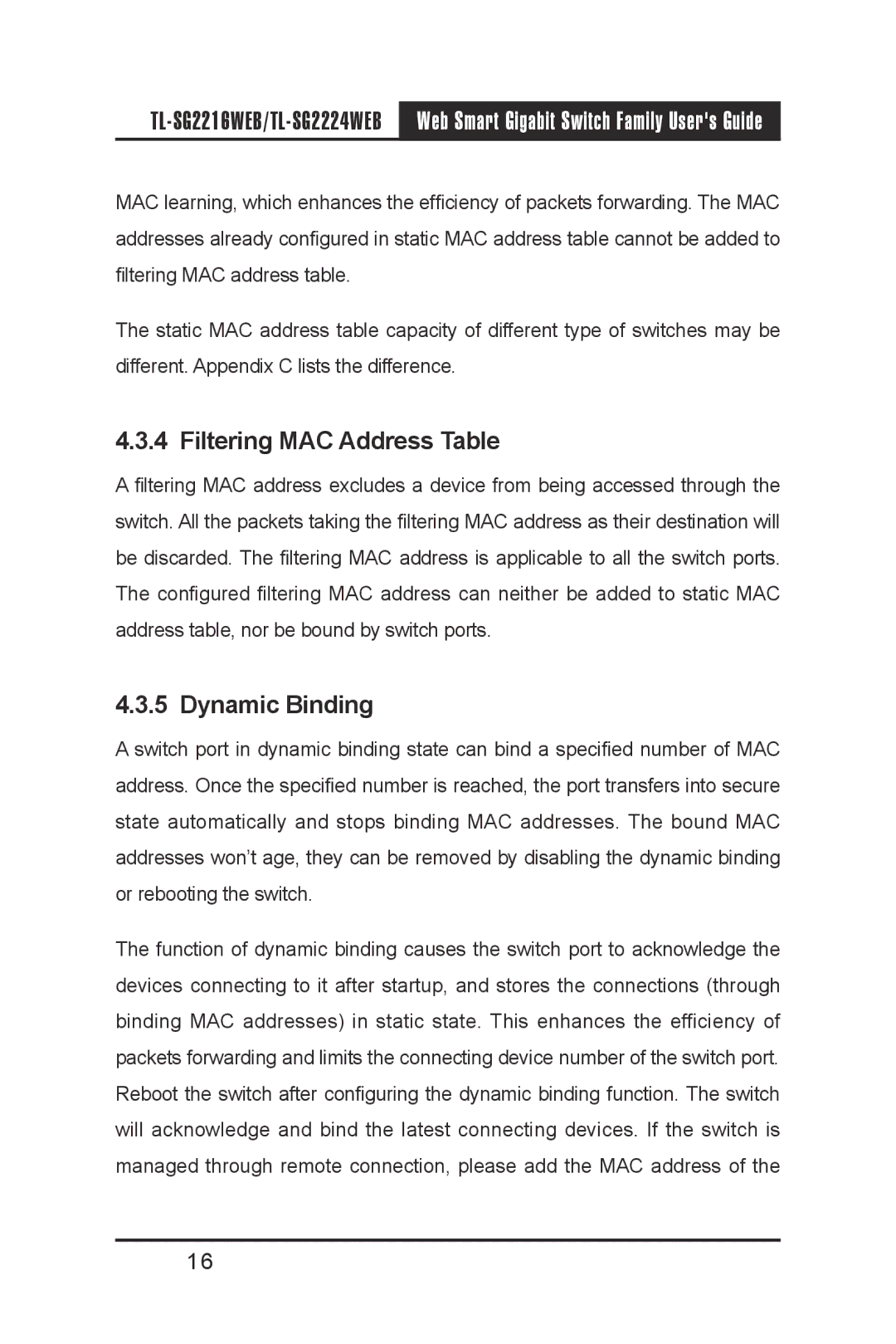 TP-Link TL-SG2224WEB, TL-SG2216WEB manual Filtering MAC Address Table, Dynamic Binding 