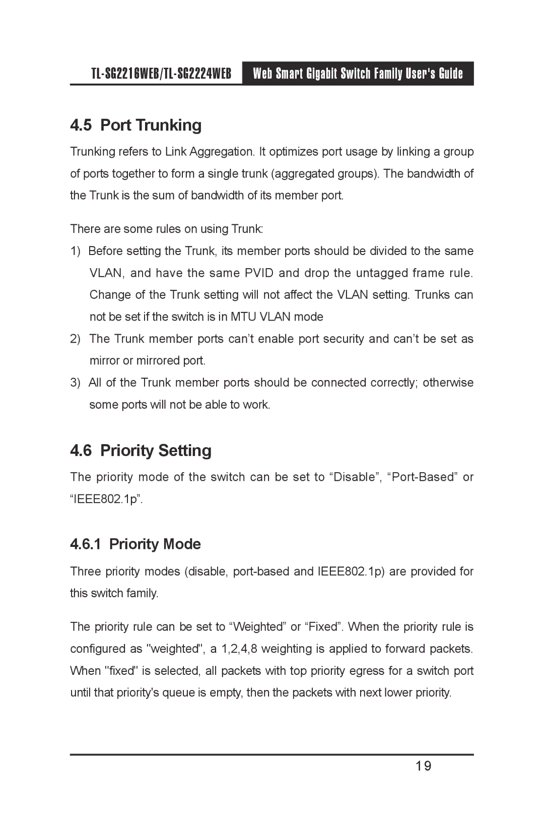 TP-Link TL-SG2216WEB, TL-SG2224WEB manual Port Trunking, Priority Setting, Priority Mode 