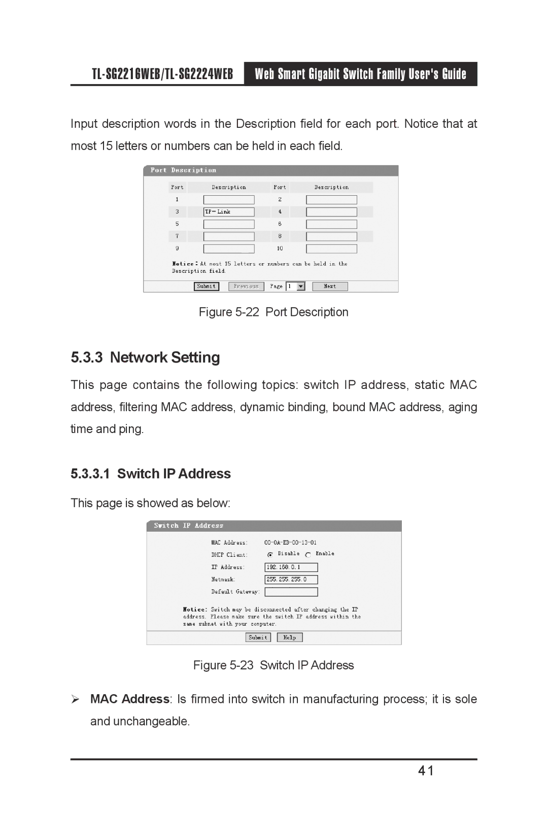 TP-Link TL-SG2216WEB, TL-SG2224WEB manual Network Setting, Switch IP Address 