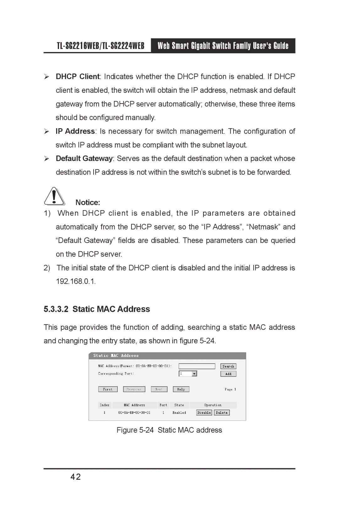 TP-Link TL-SG2224WEB, TL-SG2216WEB manual Static MAC Address, Static MAC address 