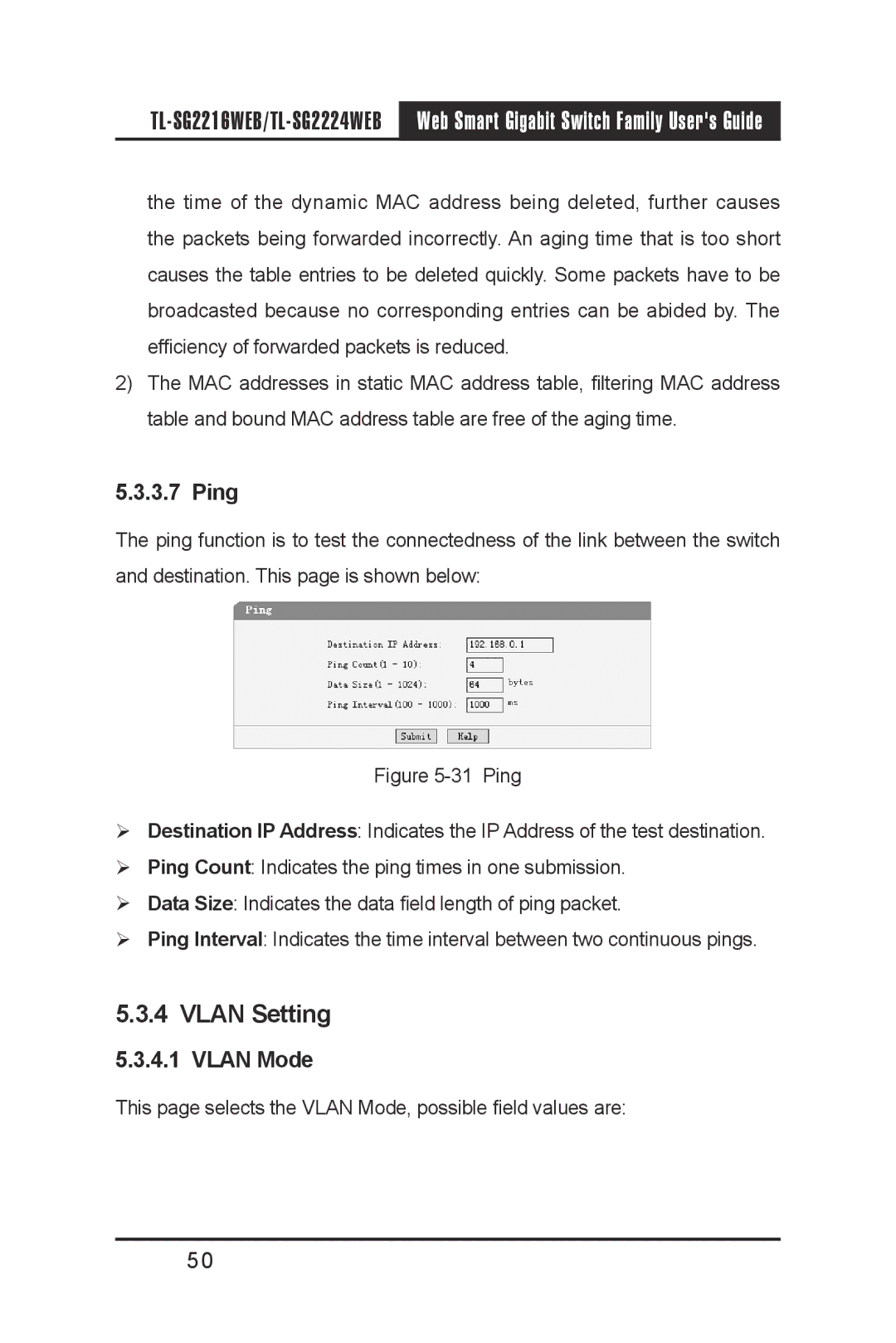 TP-Link TL-SG2224WEB, TL-SG2216WEB manual Vlan Setting, Ping, Vlan Mode 