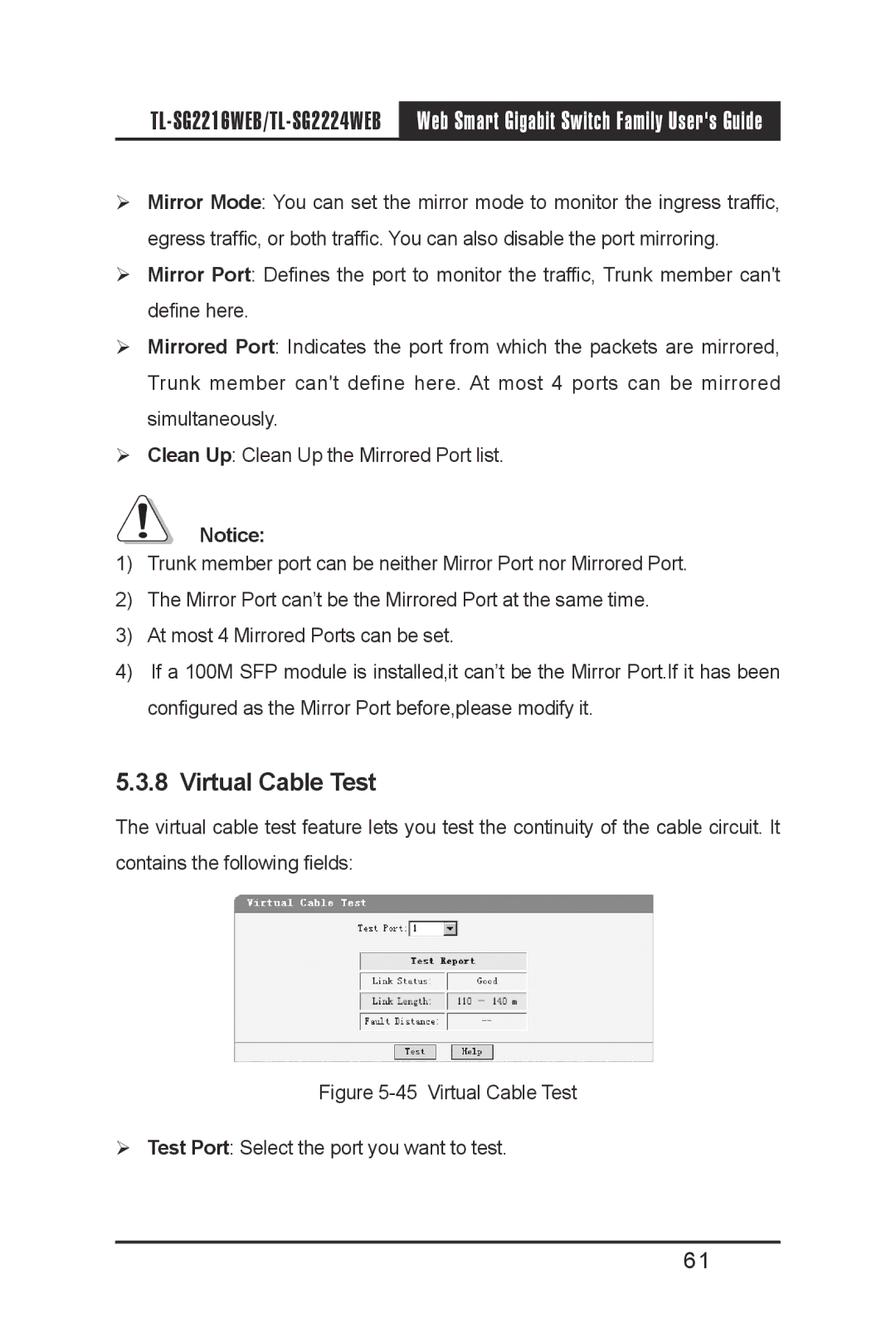 TP-Link TL-SG2216WEB, TL-SG2224WEB manual Virtual Cable Test 