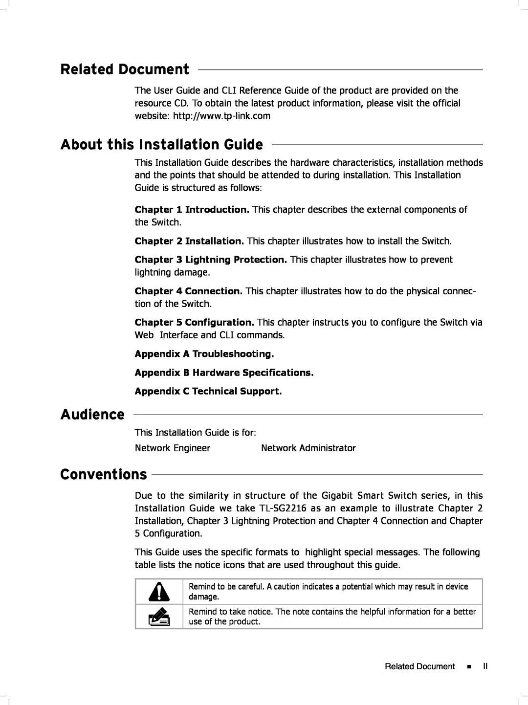 TP-Link TL-SG2216 Related Document, About this Installation Guide, Audience, Conventions, Appendix C Technical Support 