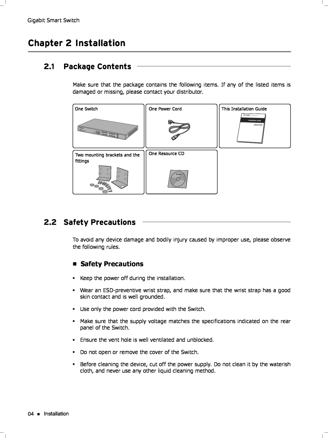 TP-Link TL-SG2424, TL-SG2216 manual CCCCCCCCCCInstallation, Package Contents, Safety Precautions 