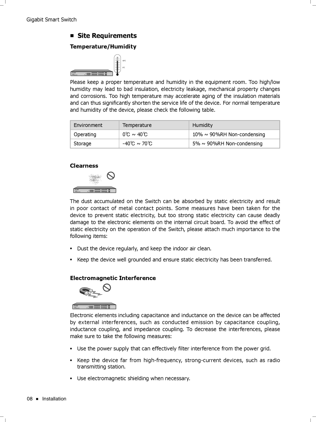 TP-Link TL-SG2424, TL-SG2452, Tl-SB2216 manual Site Requirements, Temperature/Humidity 