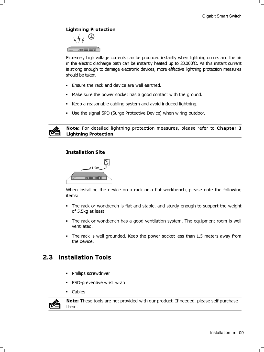 TP-Link TL-SG2452, TL-SG2424, Tl-SB2216 manual Installation Tools, Lightning Protection 