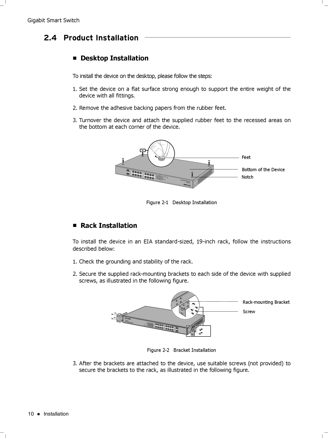 TP-Link Tl-SB2216, TL-SG2424, TL-SG2452 manual Product Installation, Desktop Installation, Rack Installation 