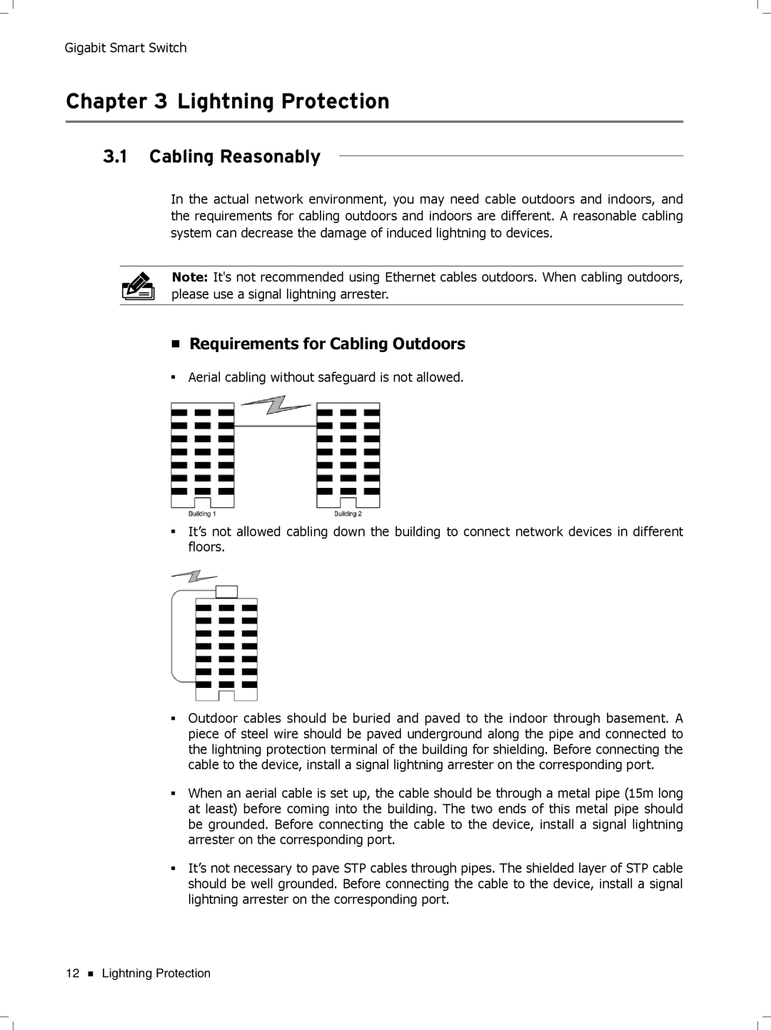 TP-Link TL-SG2452, TL-SG2424 manual Cccccccccc Lightning Protection, Cabling Reasonably, Requirements for Cabling Outdoors 