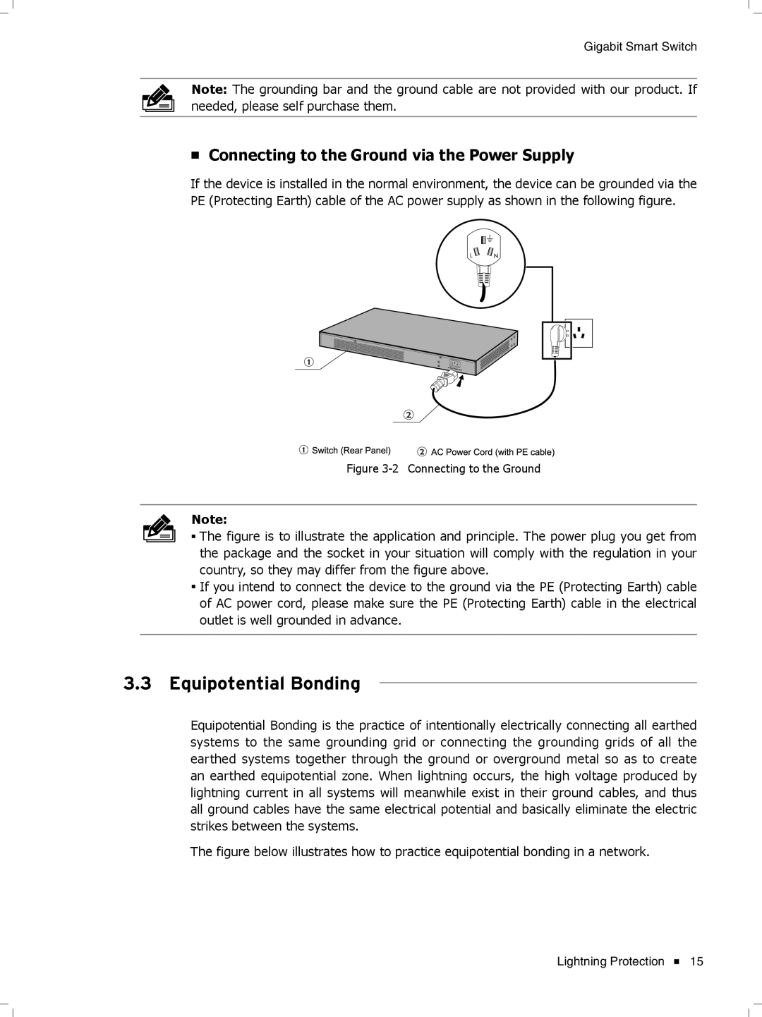 TP-Link TL-SG2452, TL-SG2424, Tl-SB2216 manual Equipotential Bonding, Connecting to the Ground via the Power Supply 