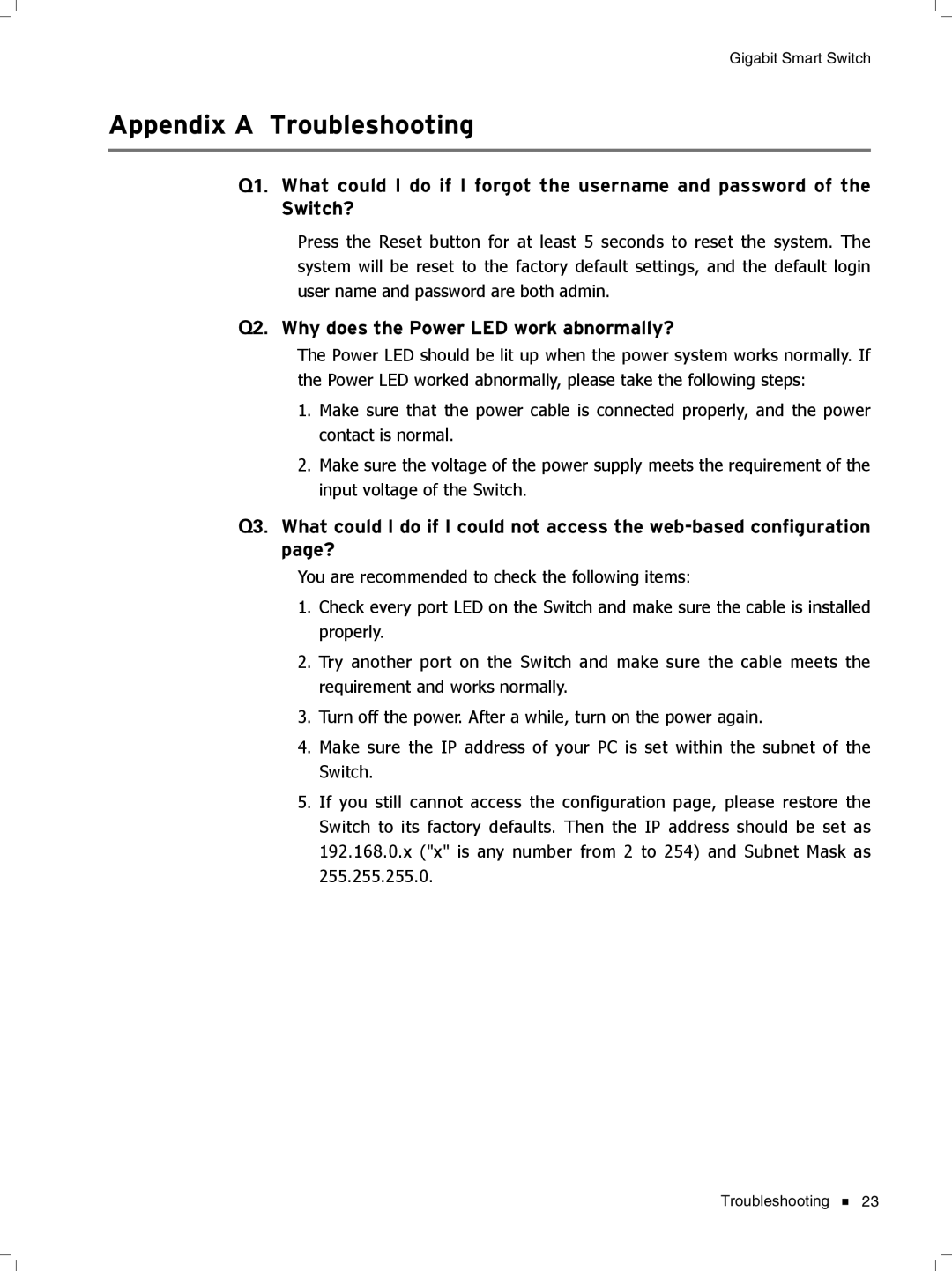 TP-Link TL-SG2424, TL-SG2452, Tl-SB2216 manual Appendix a Troubleshooting, Qqqq Why does the Power LED work abnormally? 