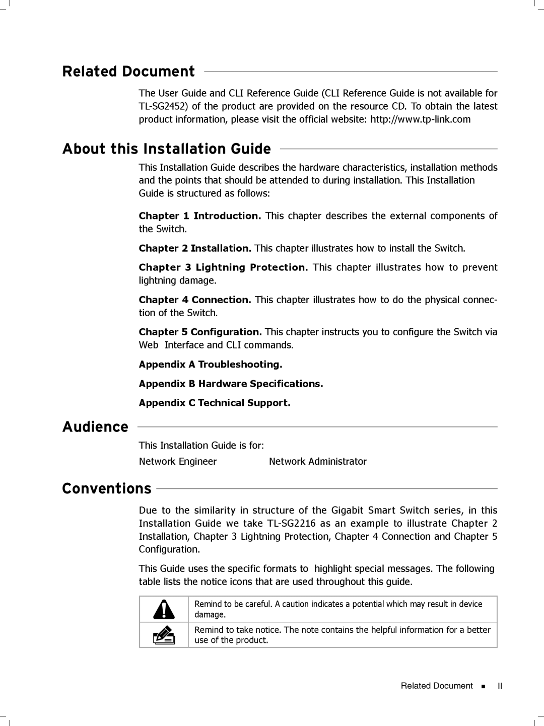 TP-Link TL-SG2424, TL-SG2452, Tl-SB2216 manual Related Document About this Installation Guide, Audience, Conventions 