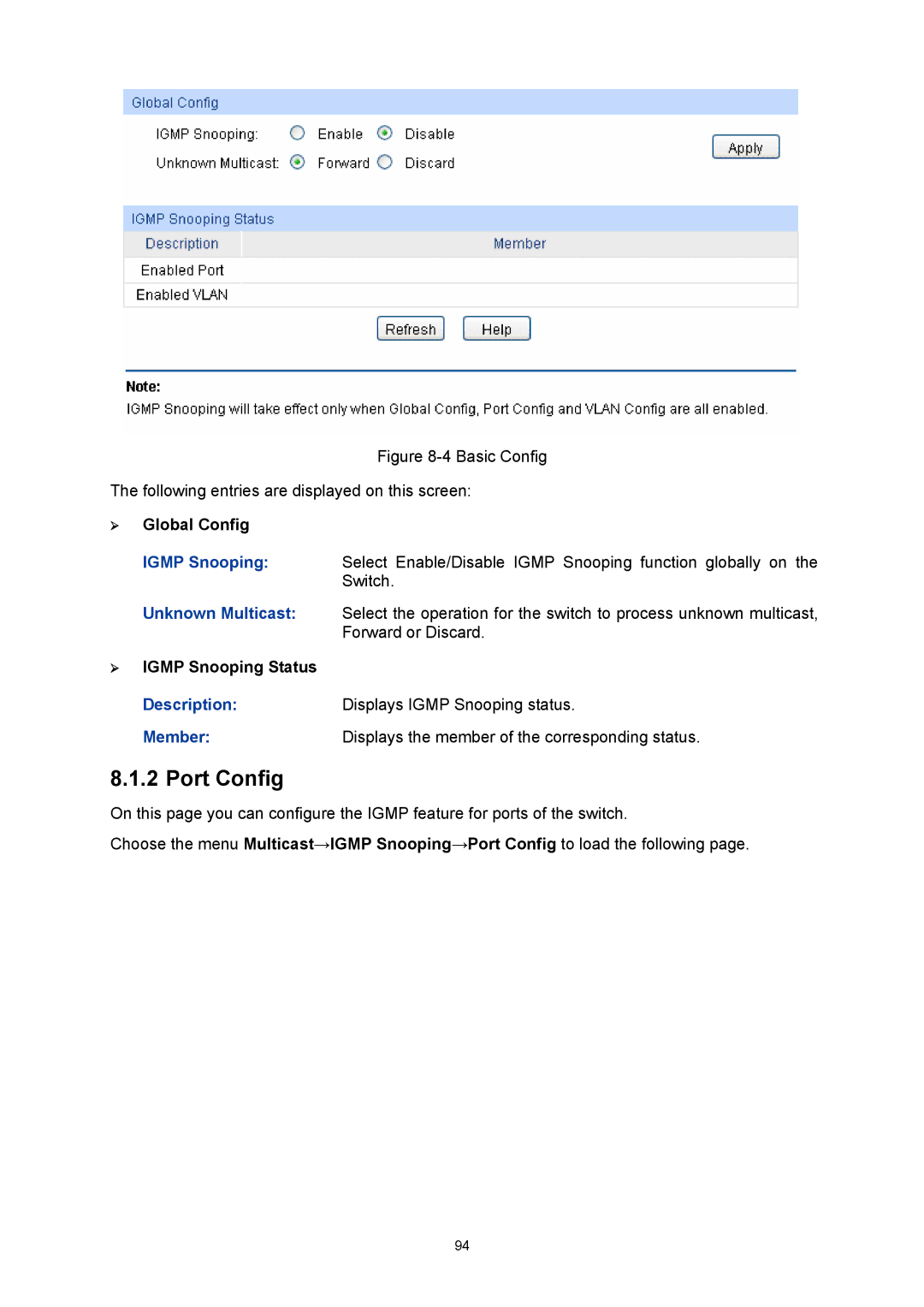 TP-Link TL-SG3216 manual ¾ Igmp Snooping Status, Description Displays Igmp Snooping status Member 