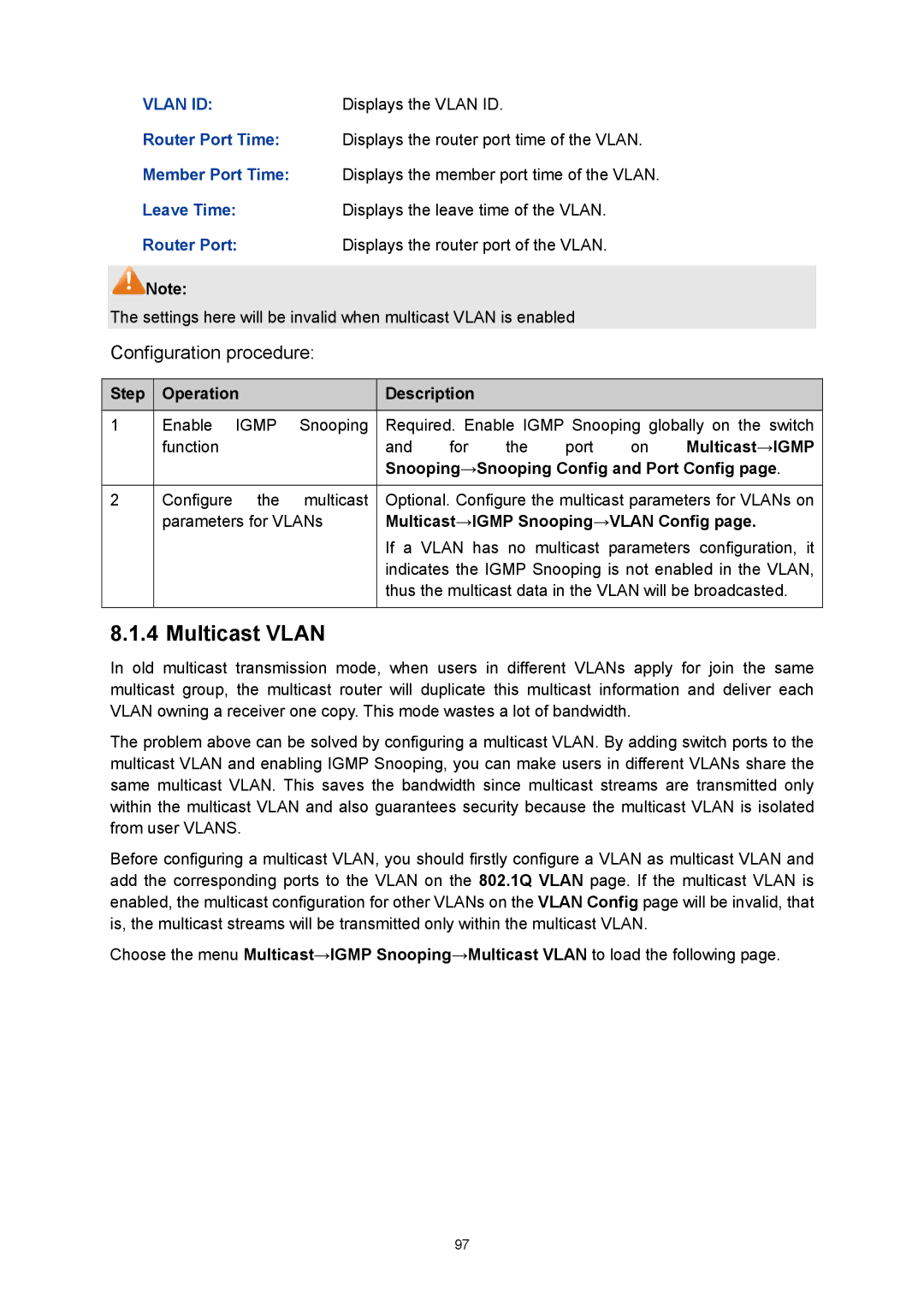 TP-Link TL-SG3216 manual Multicast Vlan, Displays the Vlan ID, Multicast→IGMP, Snooping→Snooping Config and Port Config 