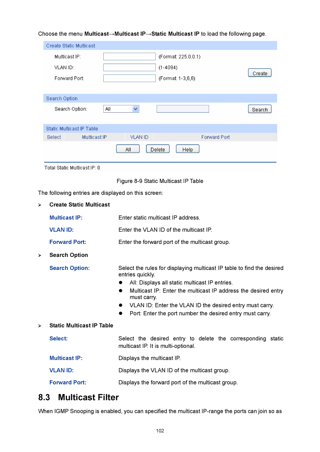 TP-Link TL-SG3216 manual Multicast Filter, ¾ Create Static Multicast, ¾ Static Multicast IP Table 