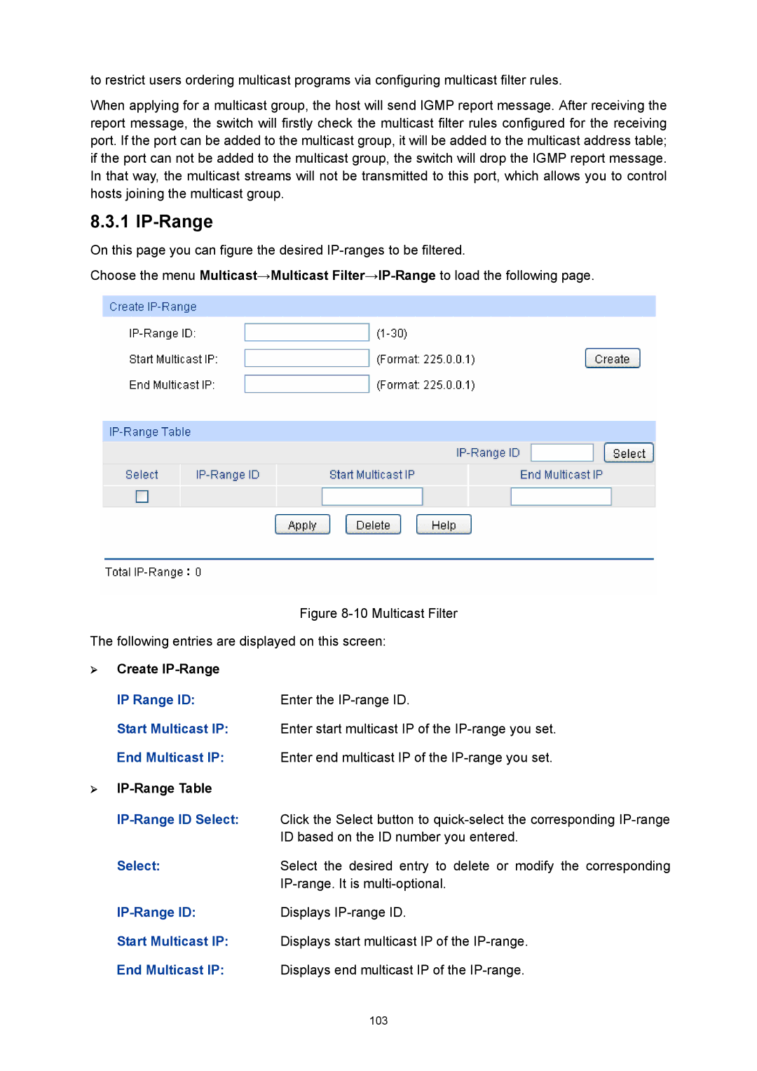 TP-Link TL-SG3216 manual IP Range ID, Start Multicast IP, End Multicast IP, IP-Range ID 