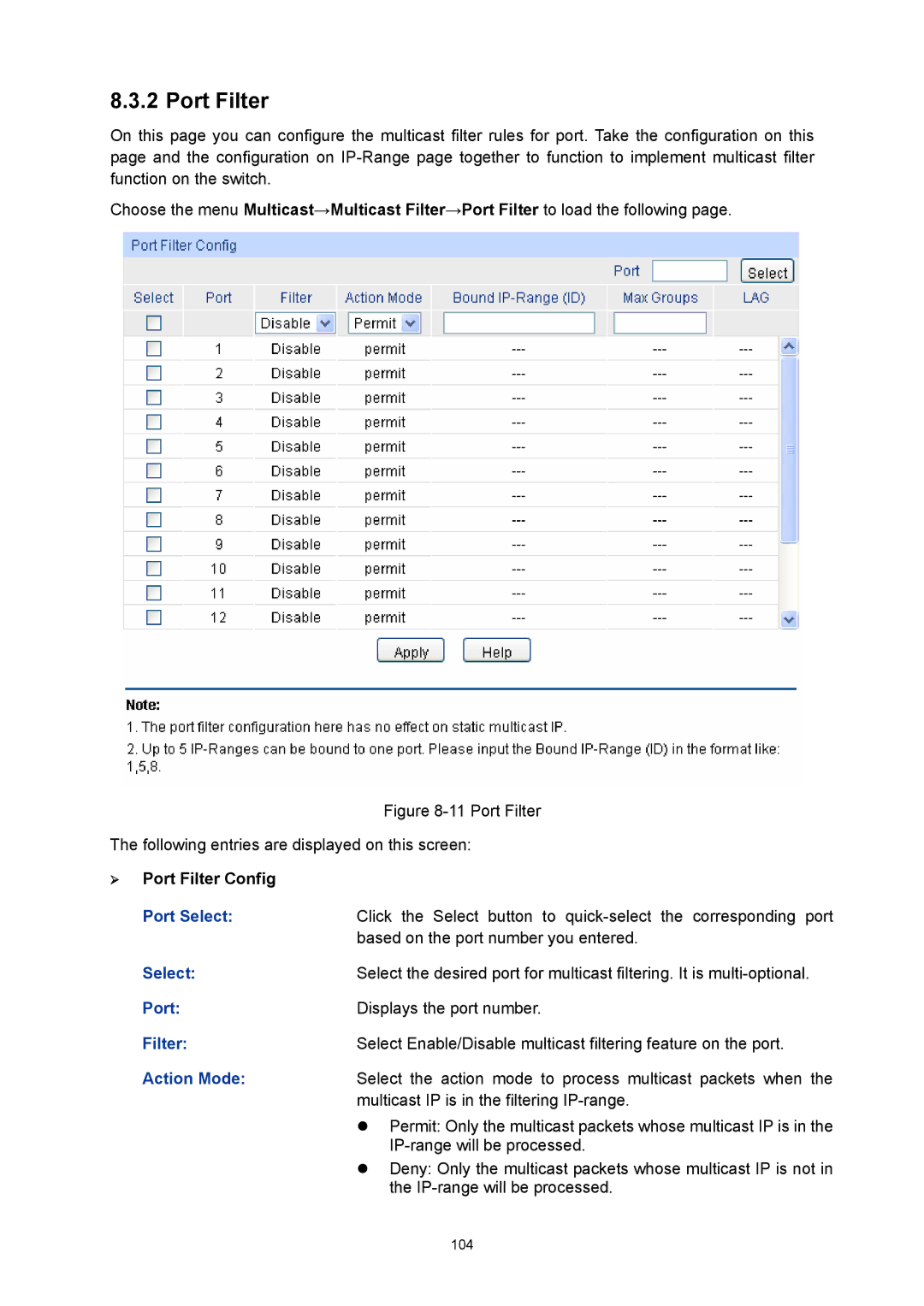 TP-Link TL-SG3216 manual ¾ Port Filter Config, Action Mode 