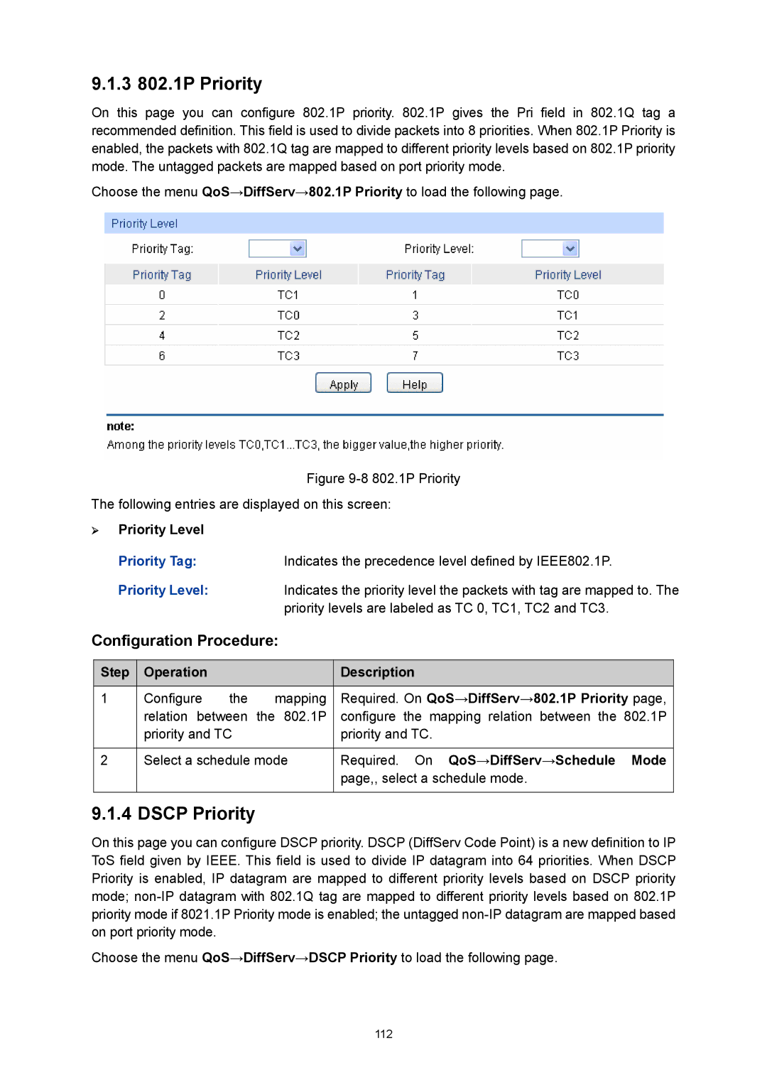 TP-Link TL-SG3216 manual 3 802.1P Priority, Dscp Priority, ¾ Priority Level 