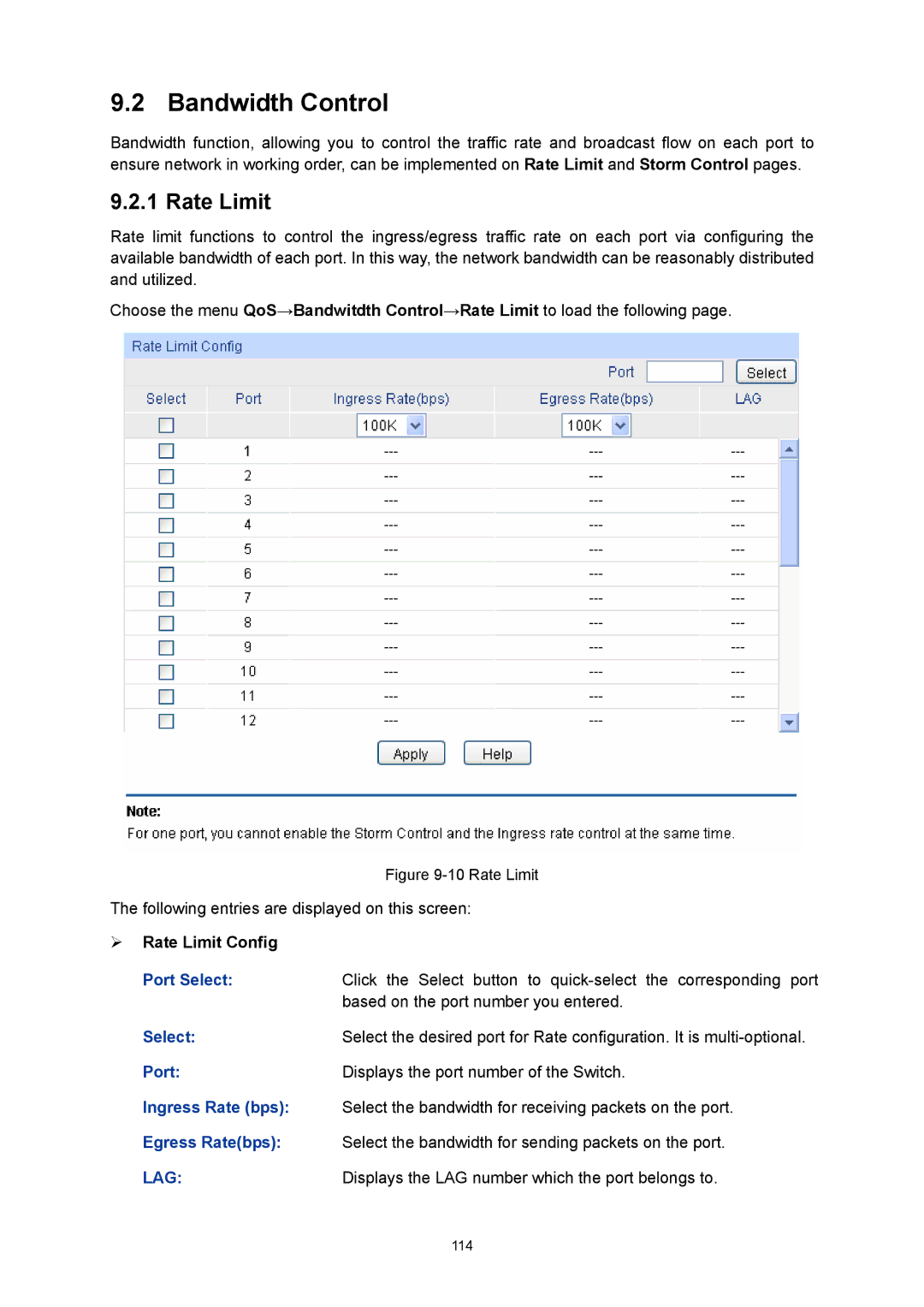 TP-Link TL-SG3216 manual Bandwidth Control, ¾ Rate Limit Config 